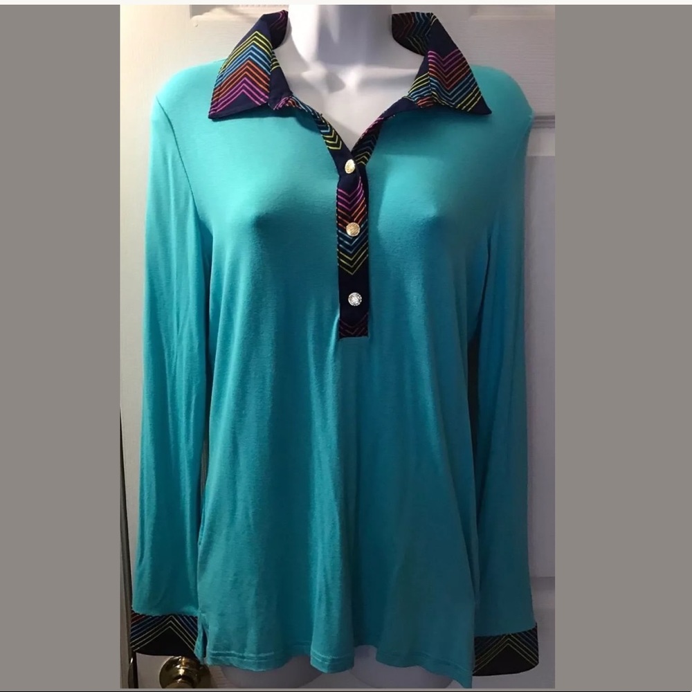 New MACBETH Collection Weekender Polo Shirt Blouse Turquoise Jersey Knit Pink